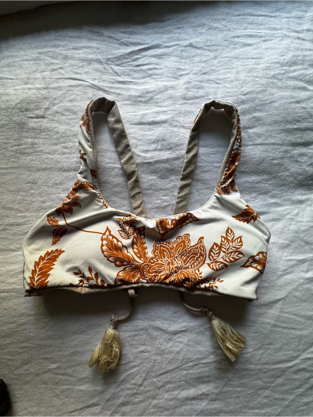 Women’s Reversible Floral Tassel Bikini Top-White & Burnt Orange/Shimmery Taupe